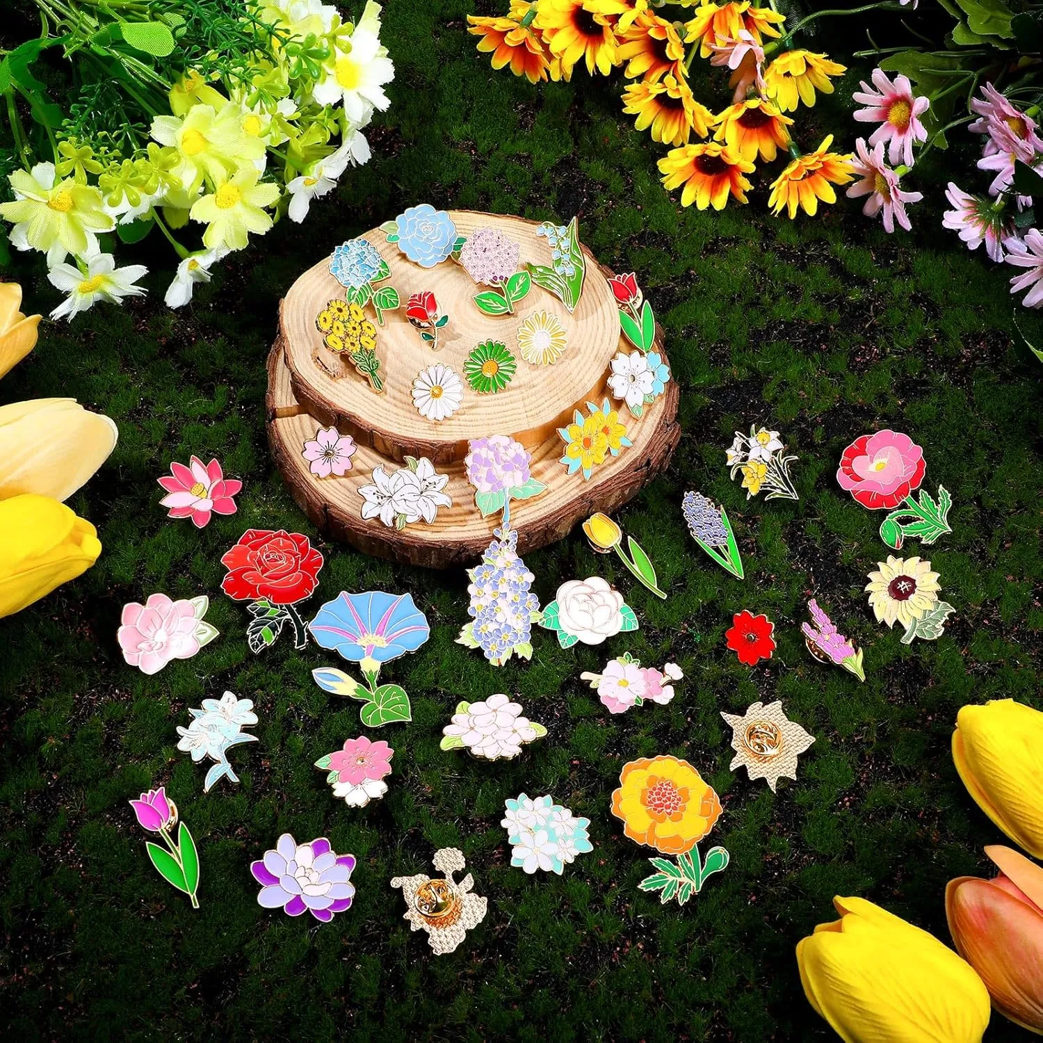 Giegxin 40 Pcs Flower Enamel Pins for Backpacks Floral Lapel Pins Bulk Cute Wildflower Rose Spring Sunflower Tulip Lily Hydrangeas Brooch for Women Girl Hat Clothes Bags Accessories Gifts