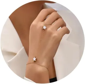Gold Bracelets for Women 14K Gold Plated Heart Star Hand Chain Stack Adjustable for Everyday Wear Ring Bracelet Hand Jewelry Gifts for Women