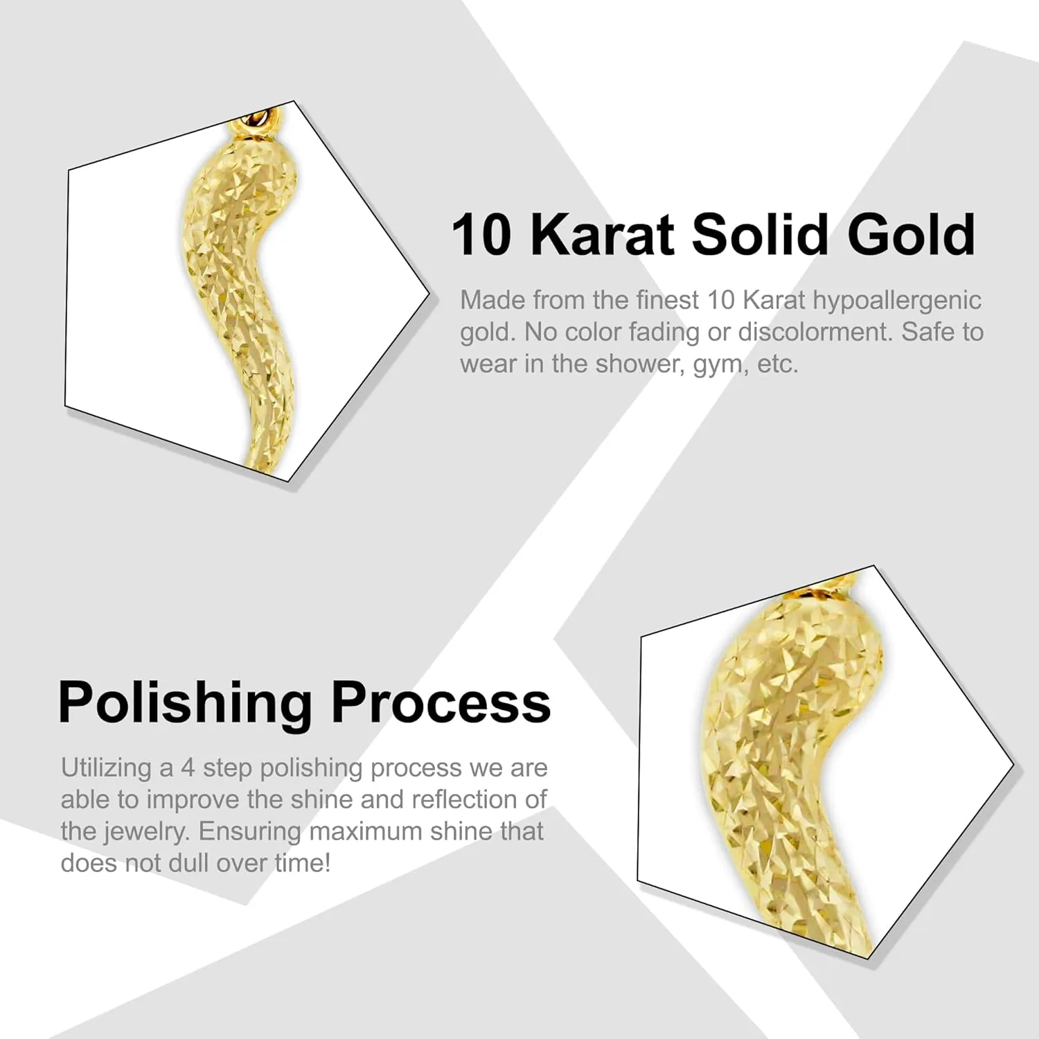 Gold Large Italian Horn Charm - 10 Karat Gold - Diamond Cut Italian Horn Pendant - Dangle Charm