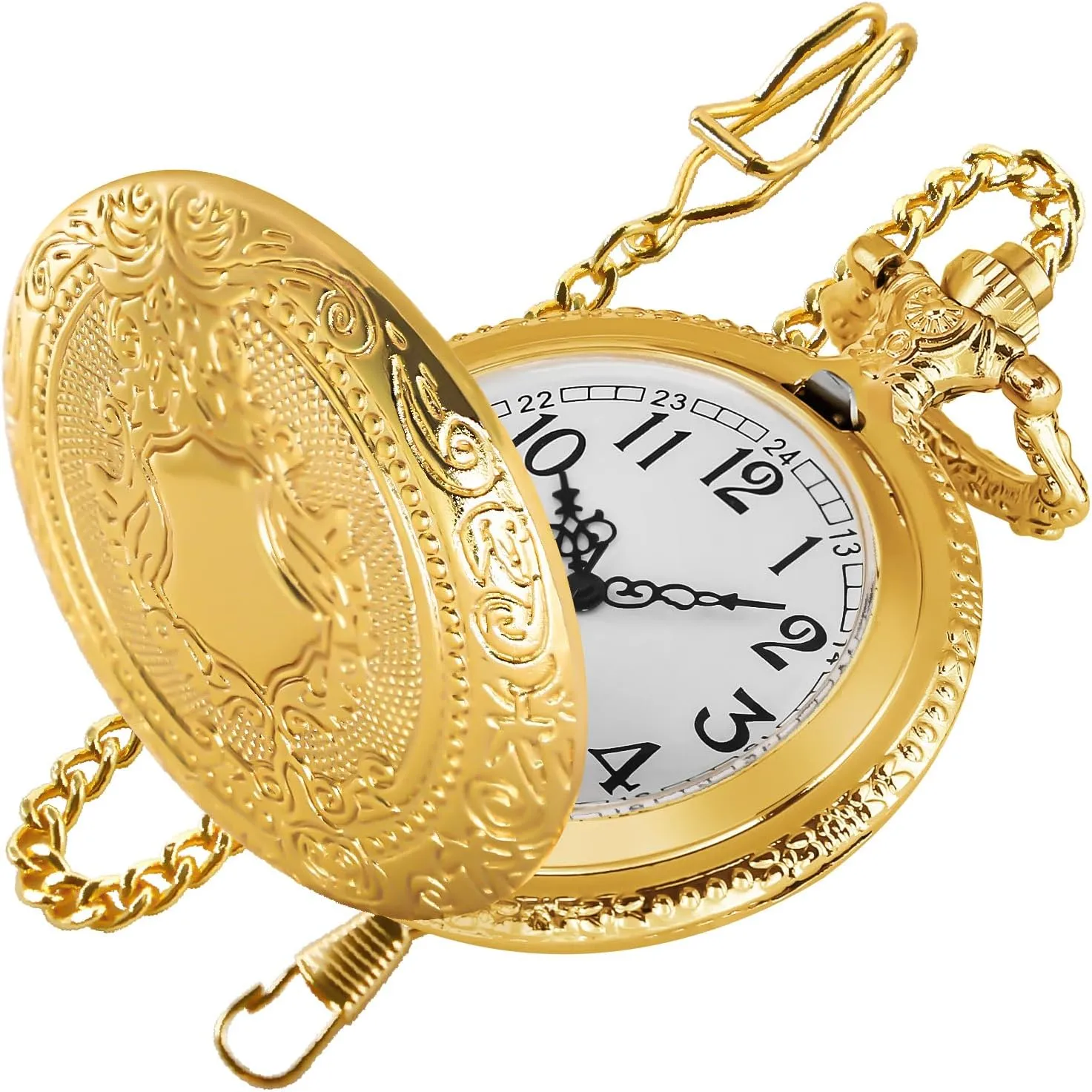 Gold Shield Men's Pocket Watch, Arabic Numeral Digital Scale Men's Quartz Pocket Watch, Quartz Pocket Watches with Chain-Gold