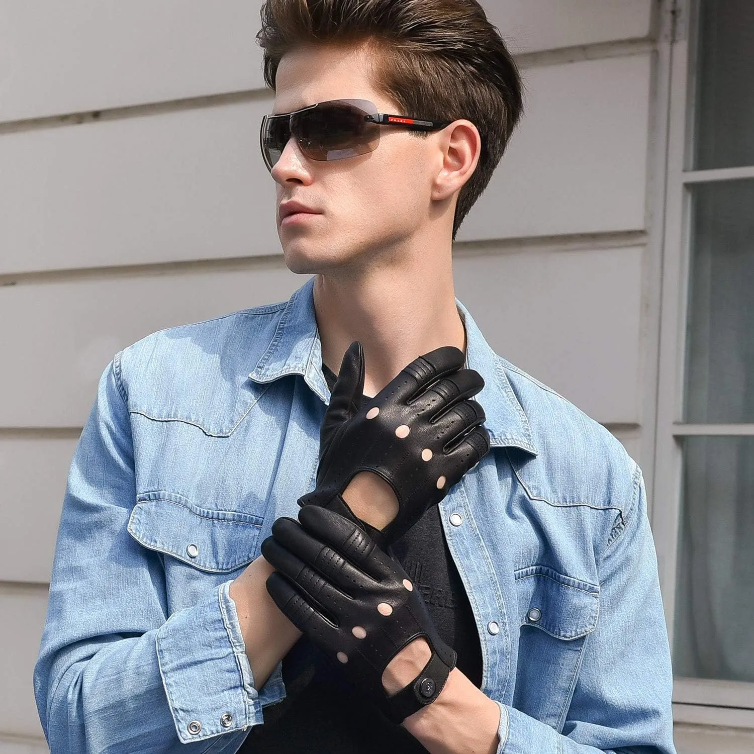 GSG Men Geniune Leather Gloves Sheepskin Black Driving Cycling Touchscreen Motorcycle Unlined Gloves