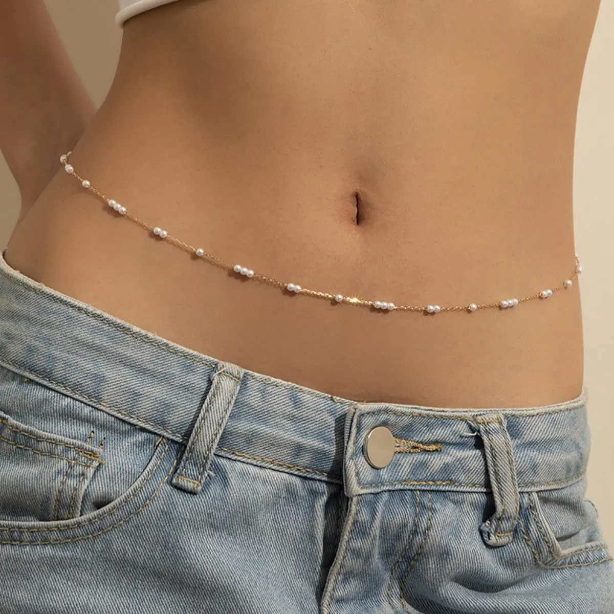 Harlermoon Sexy Waist Chains for Women 14K Gold Minimalist Pearl Belly Body Chain Waist Jewelry for Women Summer Beach Body Jewelry 27-37inch
