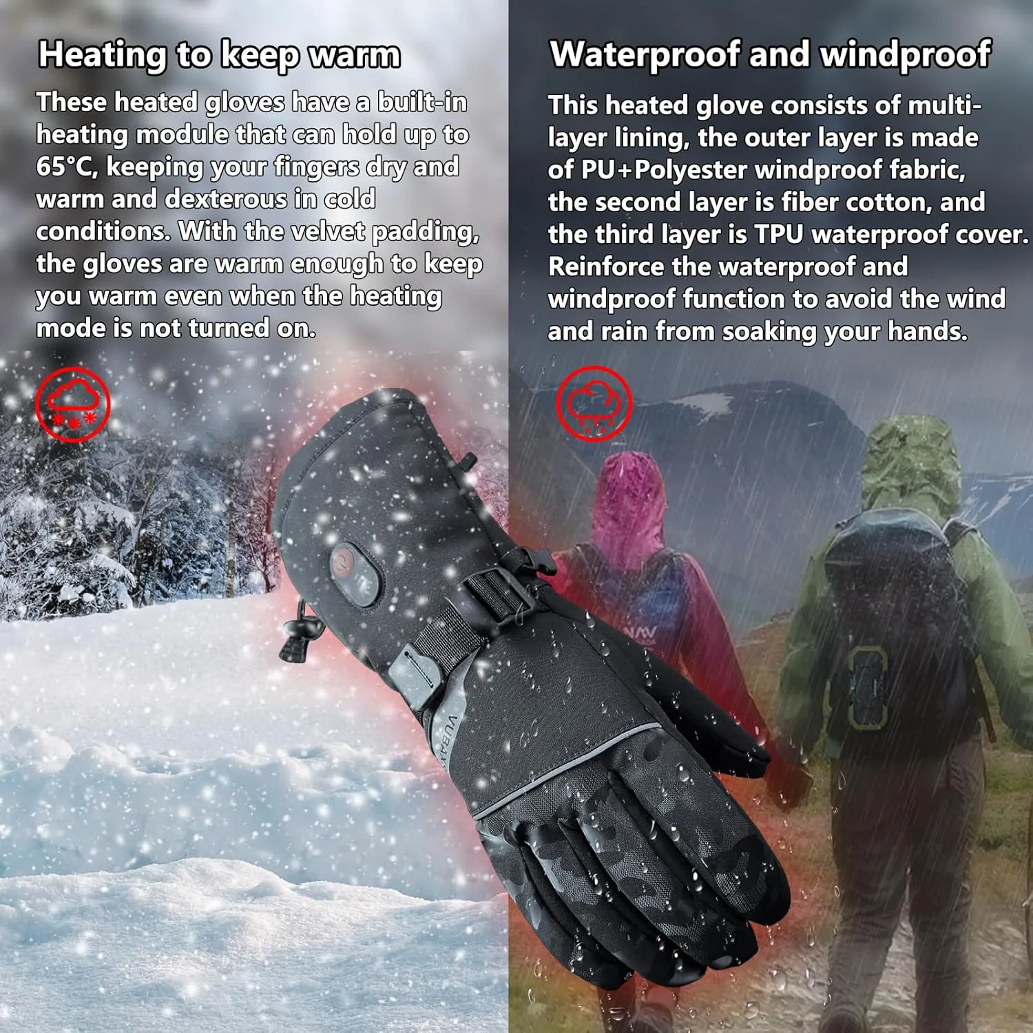 Heated Gloves for Men Women Rechargeable Heated Gloves Waterproof and Windproof Gloves for Winter Outdoor Work Skiing Hiking Camping Riding Touchscreen 7.4V 3000mAh Battery