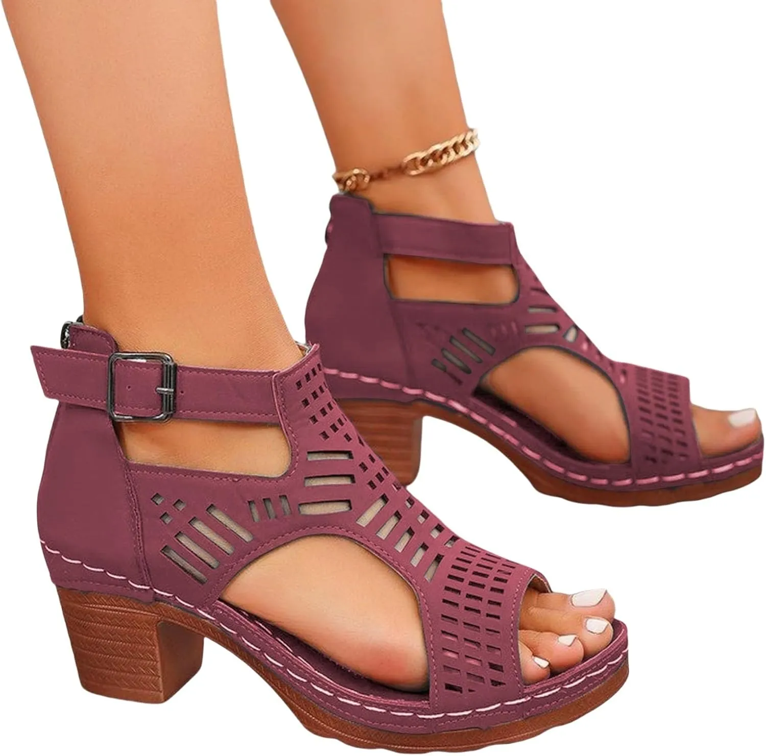 Heeled Sandals Women's Low Block Chunky Heels Sandals Fish Mouth Breathable Hollow Out Walking Shoes Adjustable Ankle Strap Wide Available Shoes for Summer And Daily Wear