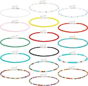 Hicarer 16 Pcs Beaded Choker Necklace Boho Women Bohemian Seed Beads Choker Colorful Bead Necklace for Women