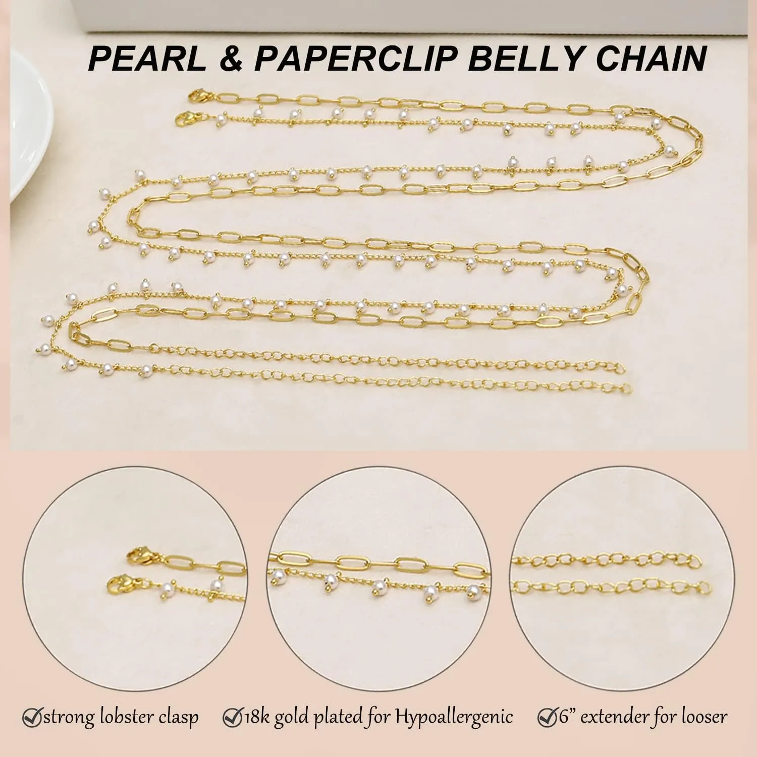Honsny 2PCS 25-43Inch 18K Gold Plated Waist Chain Minimalist Pearl Belly Body Chain Gold Layered Sexy Bikini Body Chains Waist Jewelry for Women