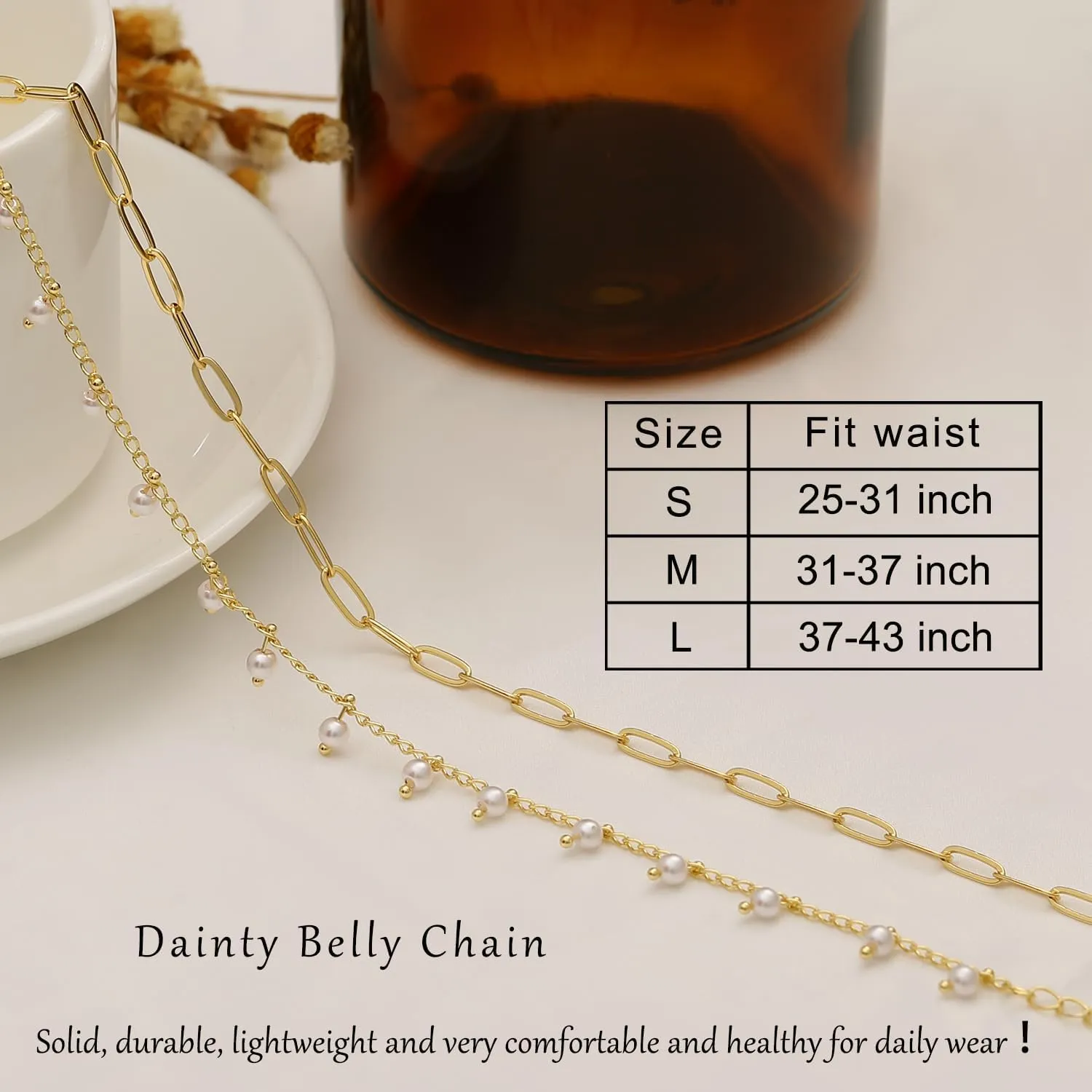 Honsny 2PCS 25-43Inch 18K Gold Plated Waist Chain Minimalist Pearl Belly Body Chain Gold Layered Sexy Bikini Body Chains Waist Jewelry for Women