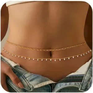 Honsny 2PCS 25-43Inch 18K Gold Plated Waist Chain Minimalist Pearl Belly Body Chain Gold Layered Sexy Bikini Body Chains Waist Jewelry for Women