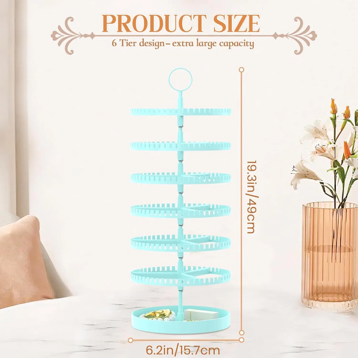 iDavosic.ly 6 Tier Rotating Earring Holder Organizer with Metal Tray, Adjustable Plastic Dangle Display Stands Tree with 342 Grooves, Large Hoop Storage Rack Tower, Blue