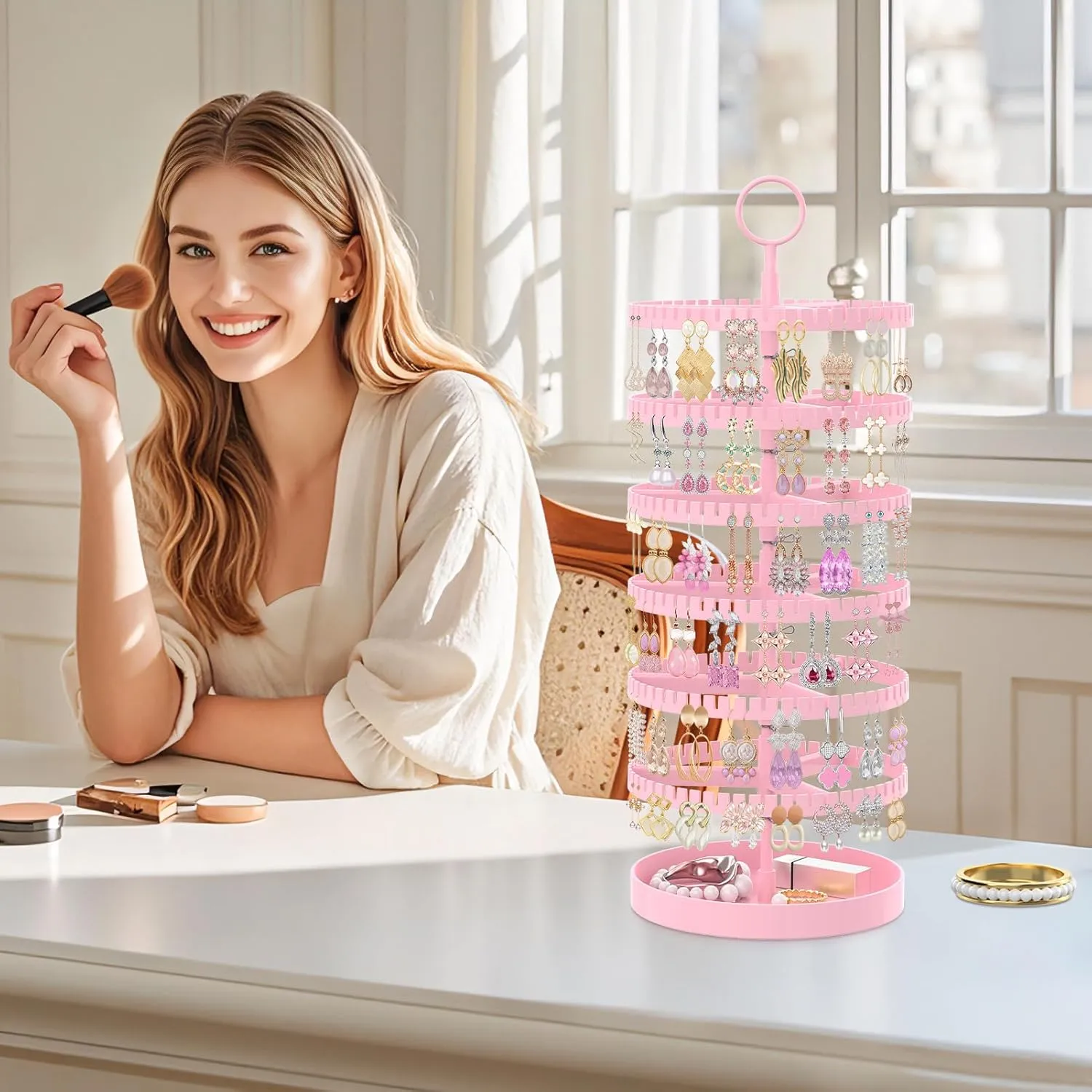 iDavosic.ly 6 Tier Rotating Earring Holder Organizer with Metal Tray, Adjustable Plastic Dangle Display Stands Tree with 342 Grooves, Large Hoop Storage Rack Tower, Pink