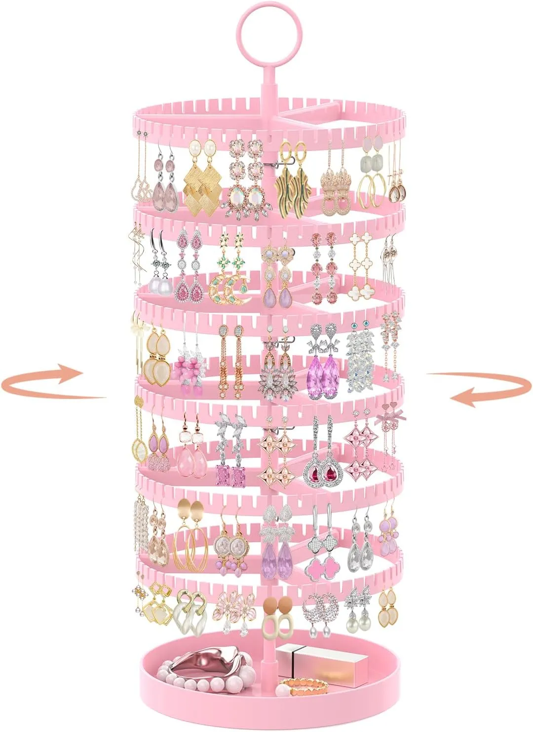 iDavosic.ly 6 Tier Rotating Earring Holder Organizer with Metal Tray, Adjustable Plastic Dangle Display Stands Tree with 342 Grooves, Large Hoop Storage Rack Tower, Pink