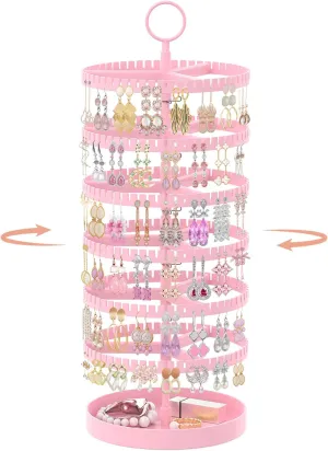 iDavosic.ly 6 Tier Rotating Earring Holder Organizer with Metal Tray, Adjustable Plastic Dangle Display Stands Tree with 342 Grooves, Large Hoop Storage Rack Tower, Pink