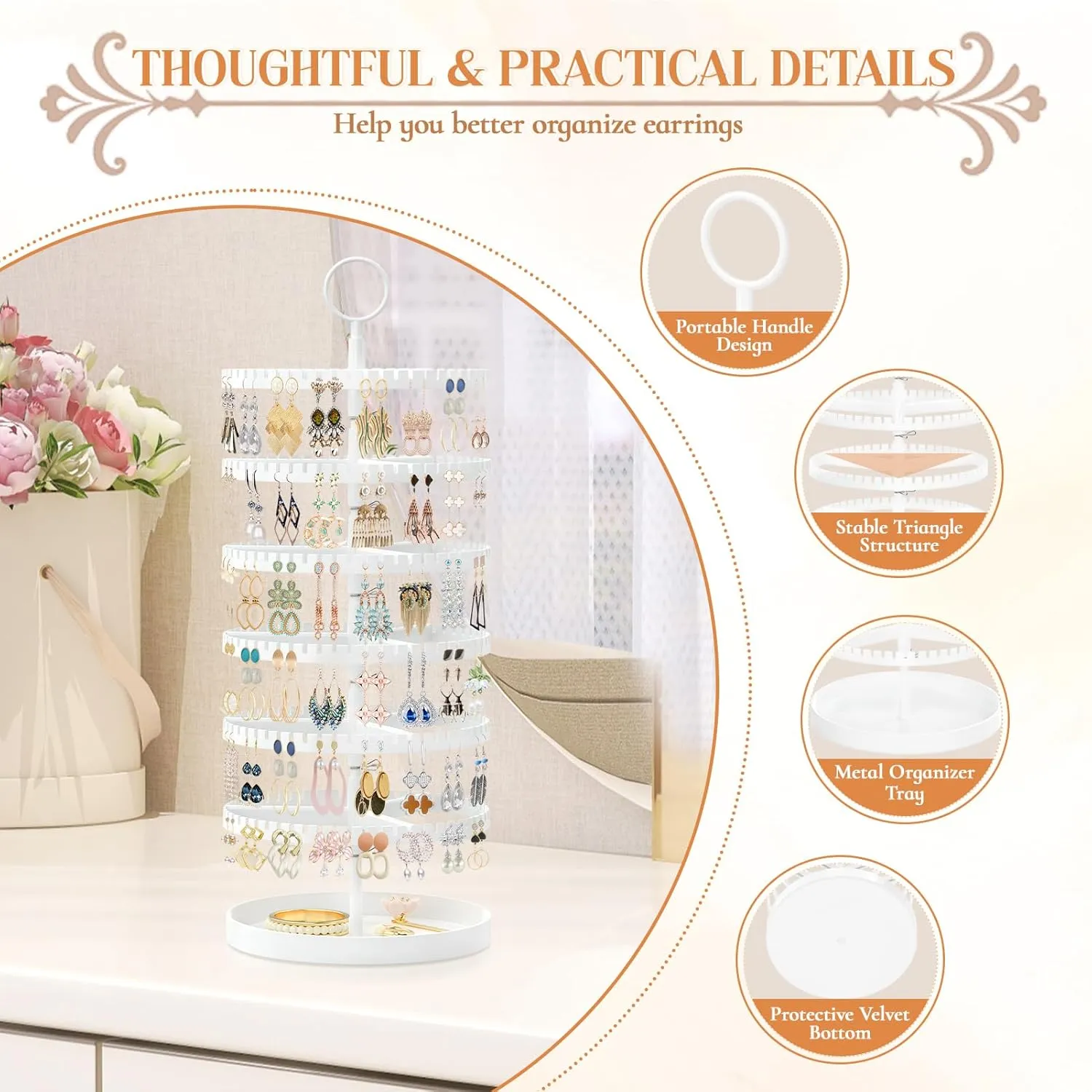 iDavosic.ly 6 Tier Rotating Earring Holder Organizer with Metal Tray, Adjustable Plastic Dangle Display Stands Tree with 342 Grooves, Large Hoop Storage Rack Tower, White