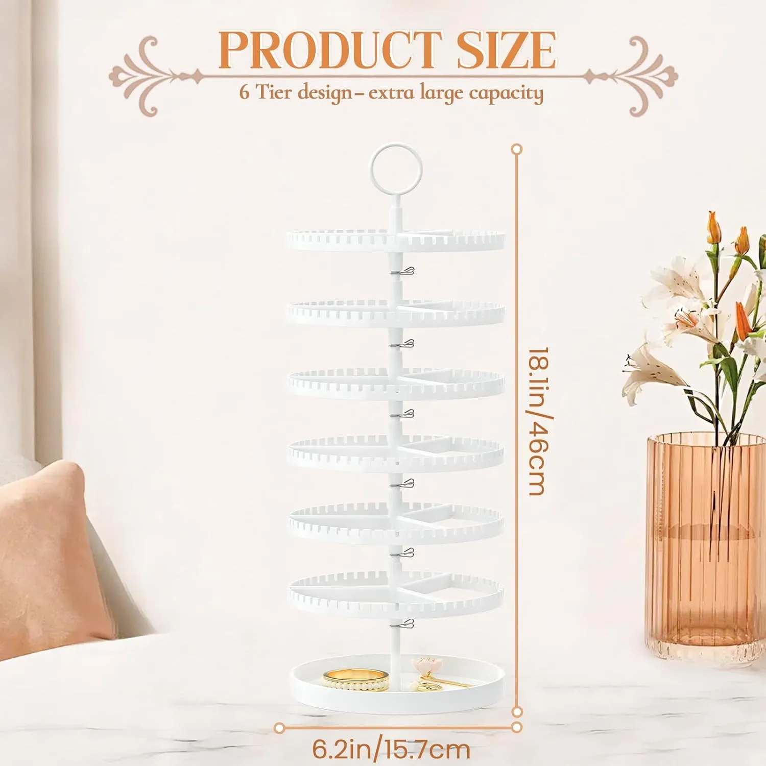 iDavosic.ly 6 Tier Rotating Earring Holder Organizer with Metal Tray, Adjustable Plastic Dangle Display Stands Tree with 342 Grooves, Large Hoop Storage Rack Tower, White