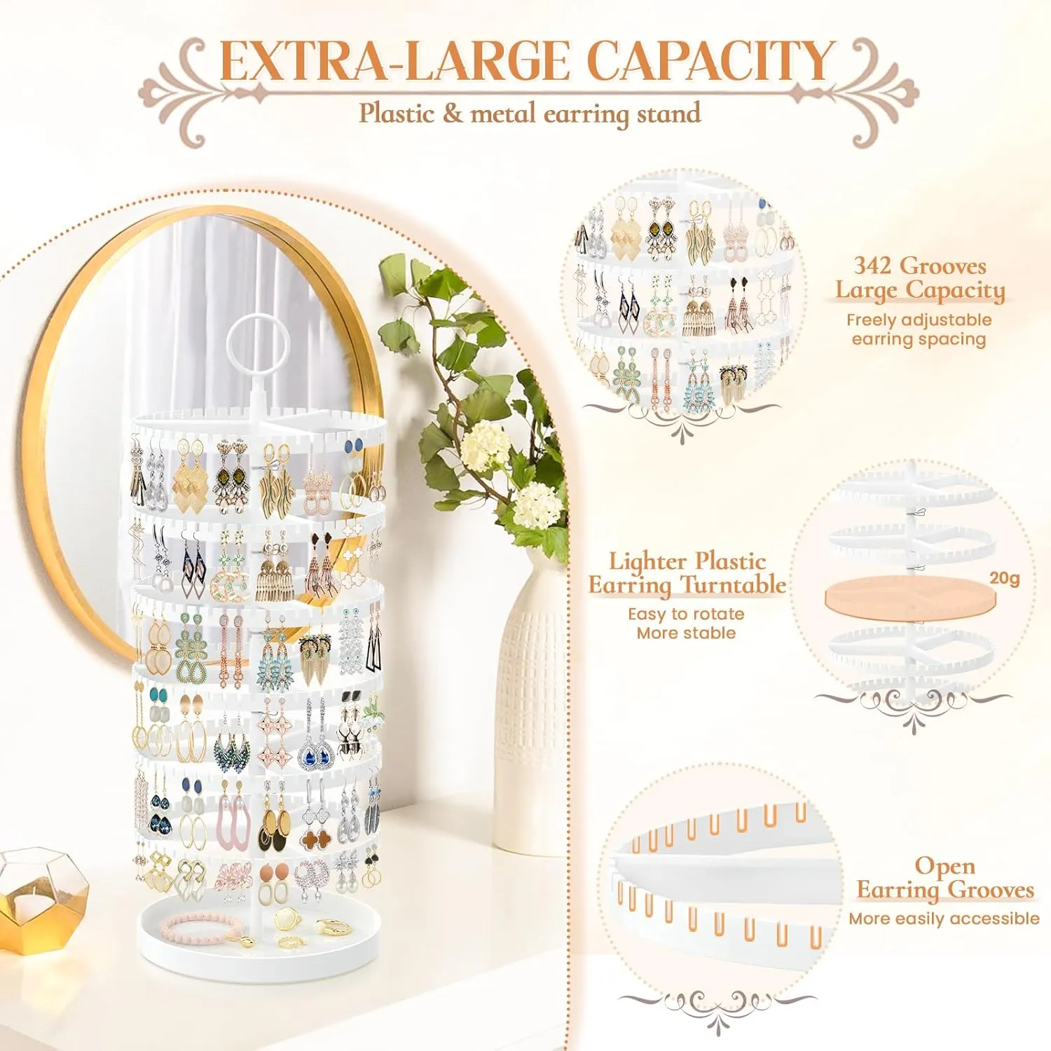 iDavosic.ly 6 Tier Rotating Earring Holder Organizer with Metal Tray, Adjustable Plastic Dangle Display Stands Tree with 342 Grooves, Large Hoop Storage Rack Tower, White