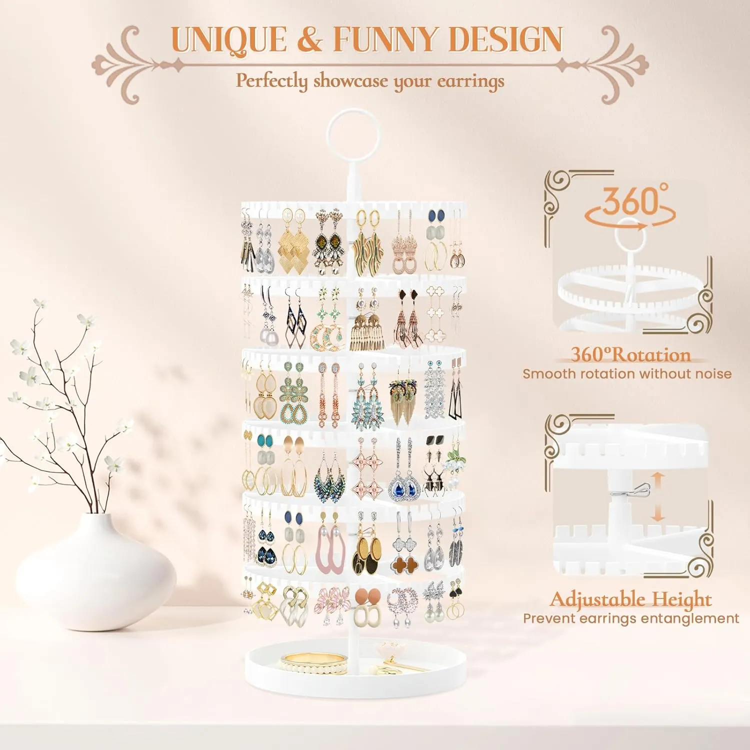 iDavosic.ly 6 Tier Rotating Earring Holder Organizer with Metal Tray, Adjustable Plastic Dangle Display Stands Tree with 342 Grooves, Large Hoop Storage Rack Tower, White