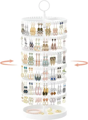 iDavosic.ly 6 Tier Rotating Earring Holder Organizer with Metal Tray, Adjustable Plastic Dangle Display Stands Tree with 342 Grooves, Large Hoop Storage Rack Tower, White