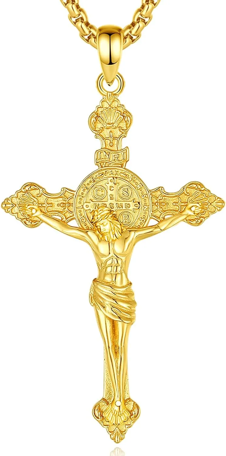 INFUSEU 925 Sterling Silver Jesus Cross Necklaces Crucifix Orthodox Cross Caravaca for Women Men Religious Protection Gifts