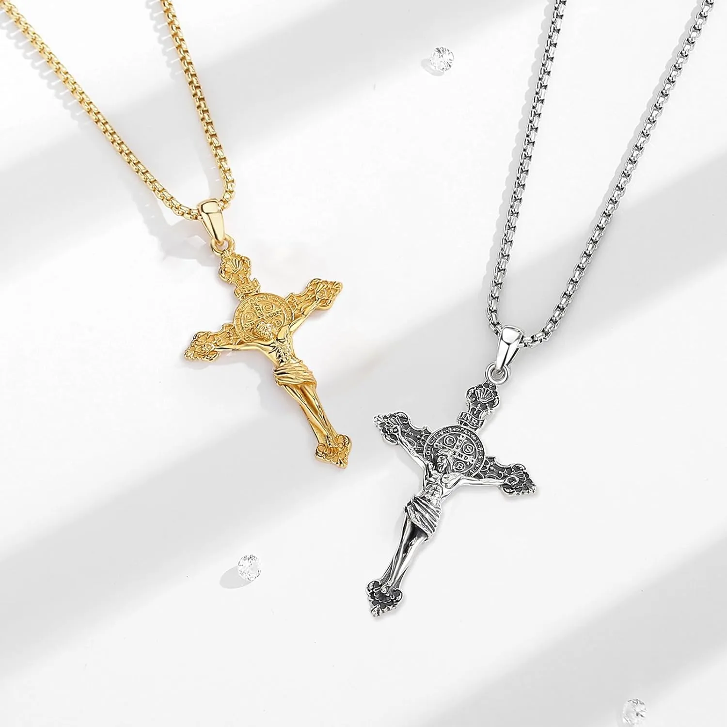 INFUSEU 925 Sterling Silver Jesus Cross Necklaces Crucifix Orthodox Cross Caravaca for Women Men Religious Protection Gifts