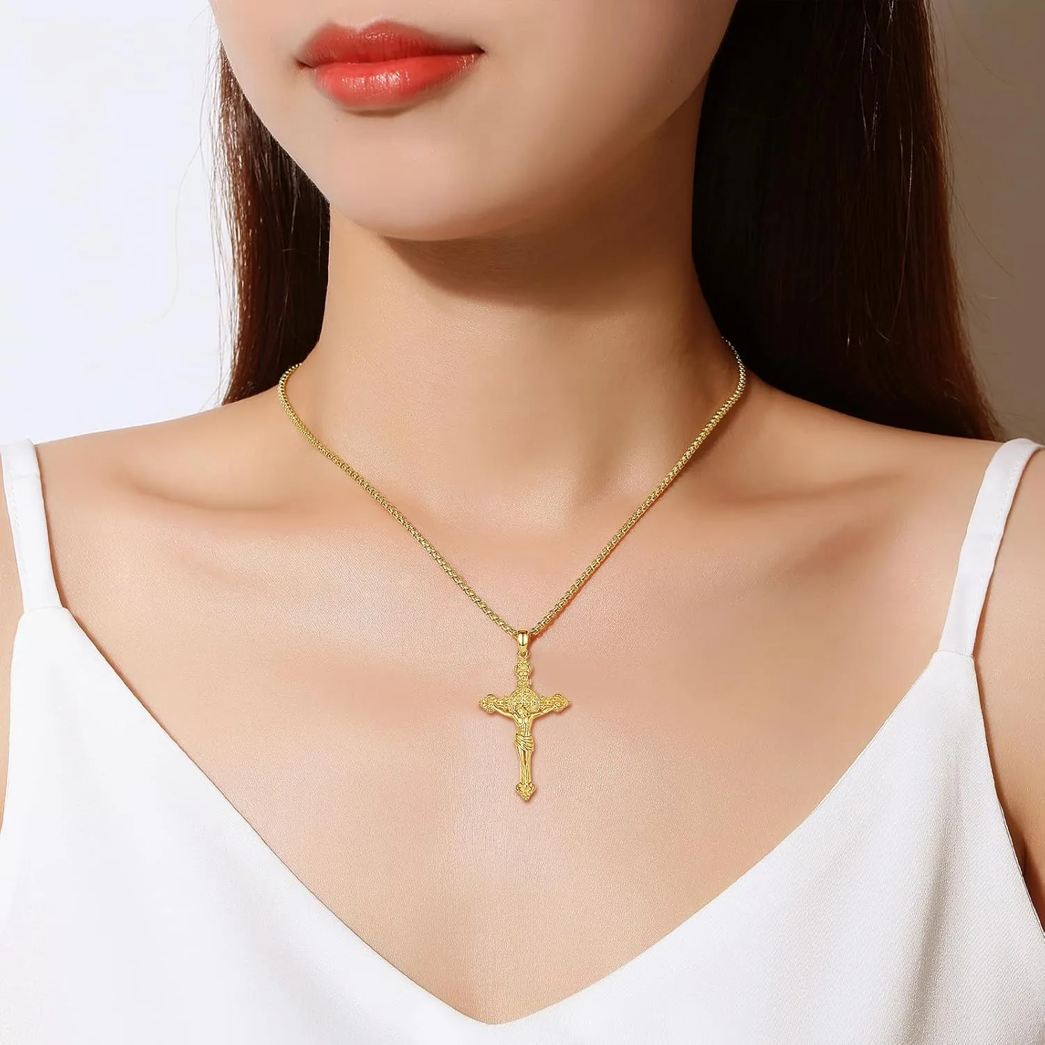 INFUSEU 925 Sterling Silver Jesus Cross Necklaces Crucifix Orthodox Cross Caravaca for Women Men Religious Protection Gifts