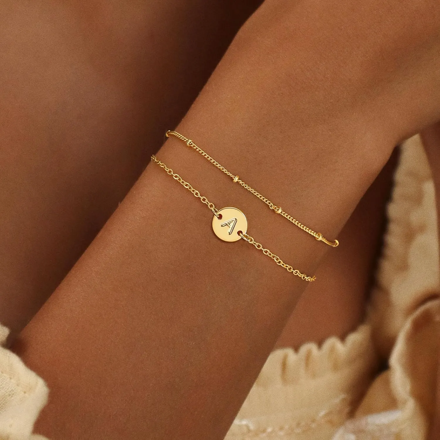 Initial Bracelets for Women Trendy - 18K Gold Plated Letter Bracelet Dainty Disc Monogram Charm Bracelet Gifts
