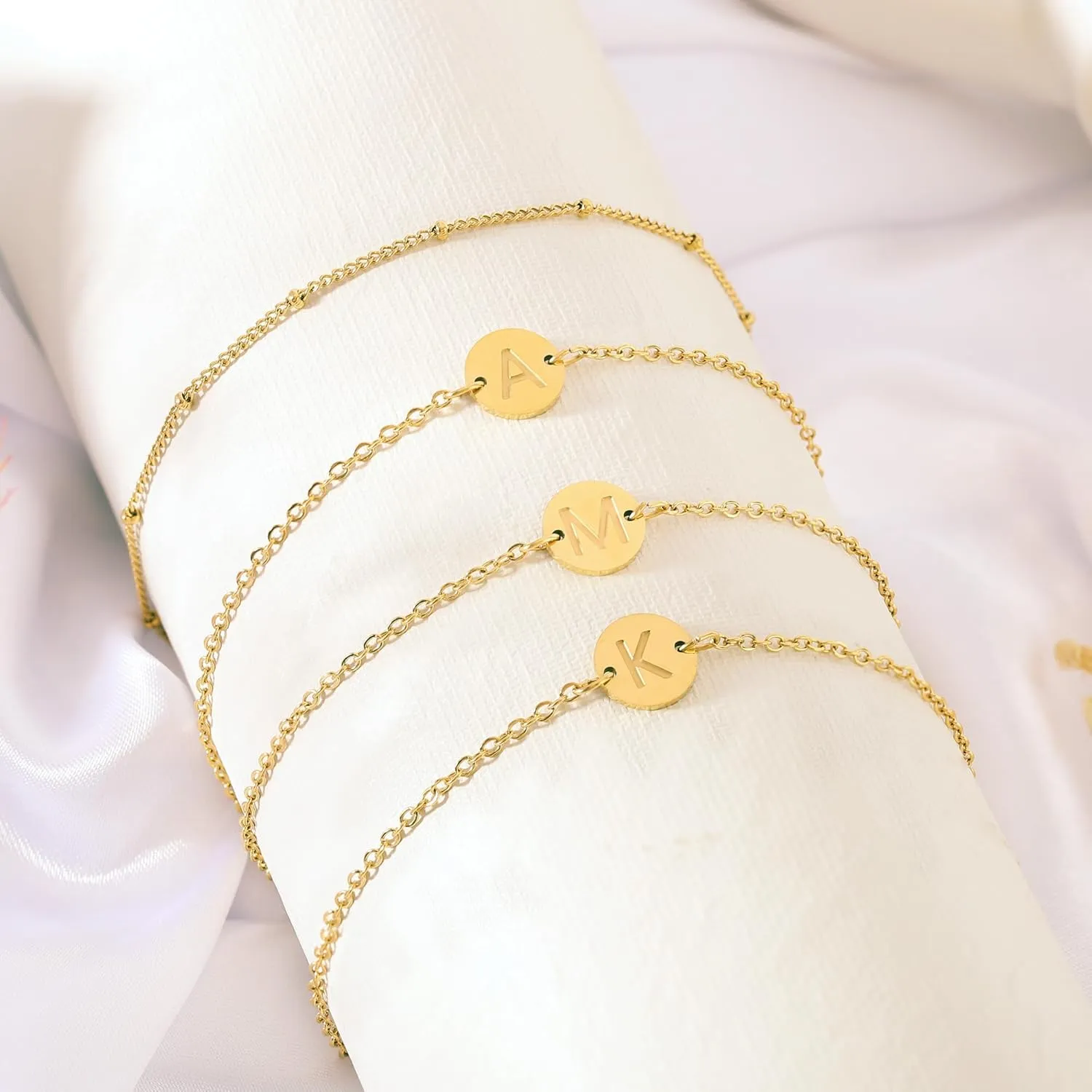 Initial Bracelets for Women Trendy - 18K Gold Plated Letter Bracelet Dainty Disc Monogram Charm Bracelet Gifts