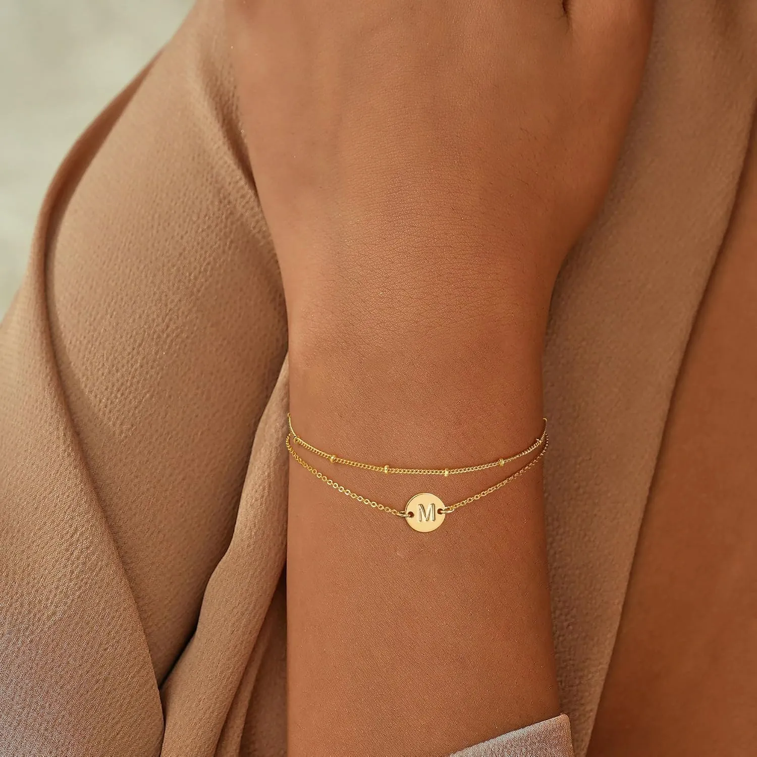 Initial Bracelets for Women Trendy - 18K Gold Plated Letter Bracelet Dainty Disc Monogram Charm Bracelet Gifts