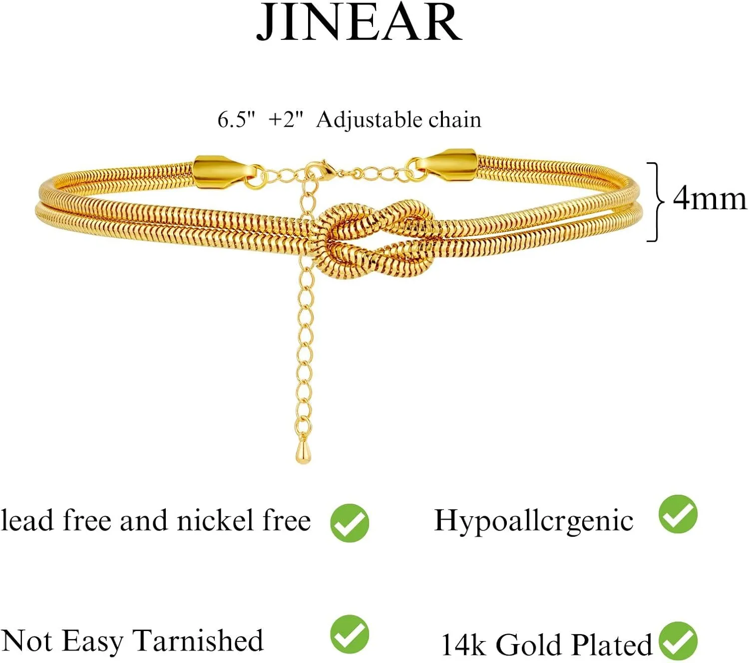 JINEAR 14K Gold Plated Bracelets for Women, Dainty Knot Bracelets Snake Chain Adjustable Non Tarnish Gold Bracelet Friendship Jewelry Gifts