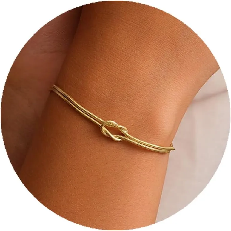 JINEAR 14K Gold Plated Bracelets for Women, Dainty Knot Bracelets Snake Chain Adjustable Non Tarnish Gold Bracelet Friendship Jewelry Gifts