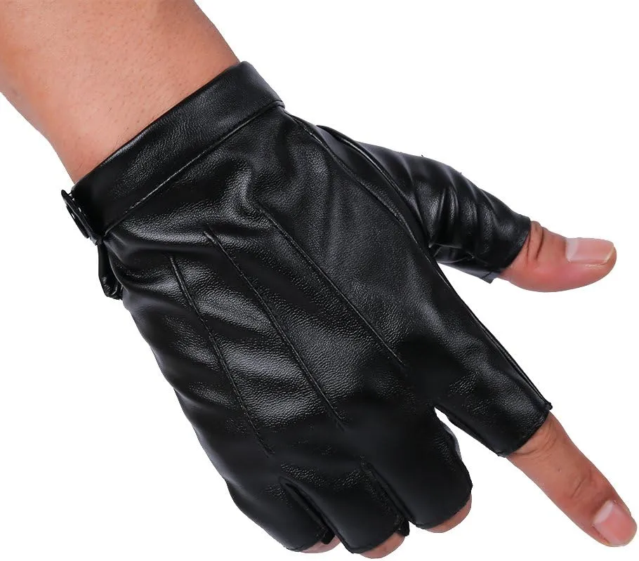 JISEN Men PU Leather Punk Half Finger Snap Performance Gloves