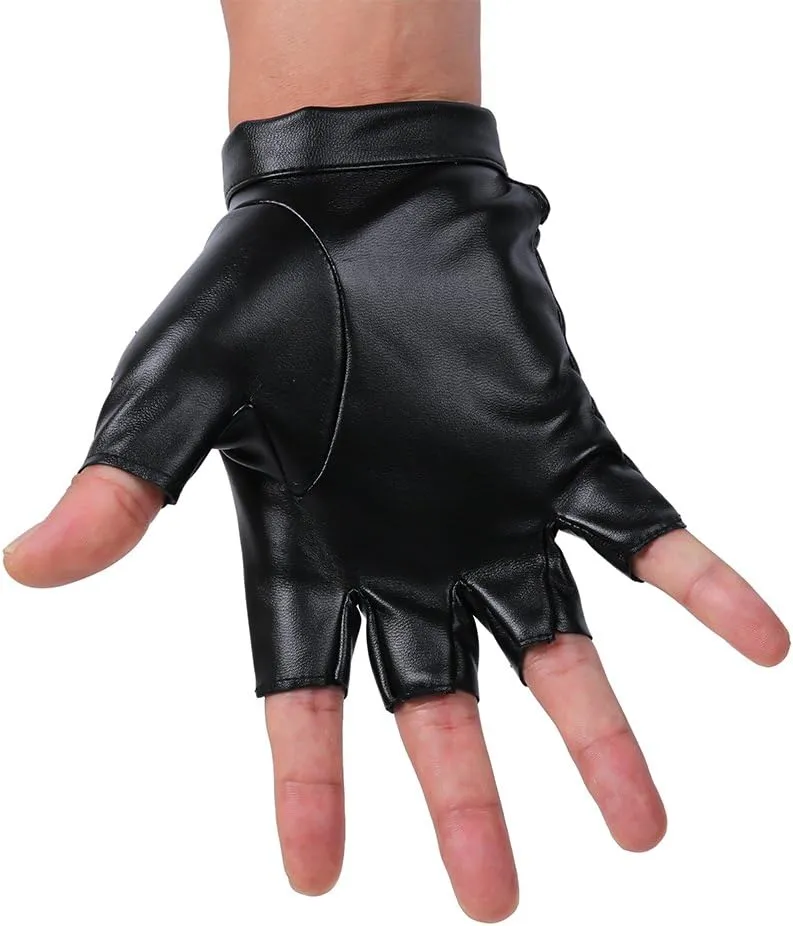 JISEN Men PU Leather Punk Half Finger Snap Performance Gloves