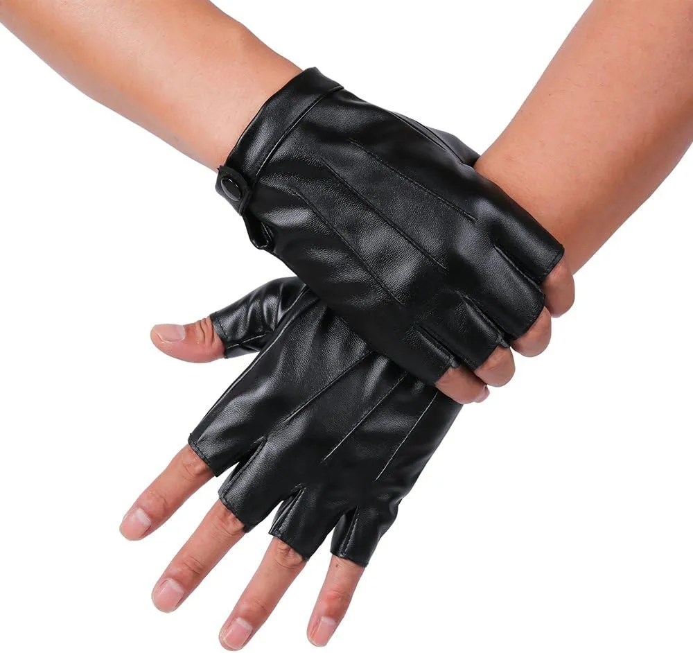 JISEN Men PU Leather Punk Half Finger Snap Performance Gloves