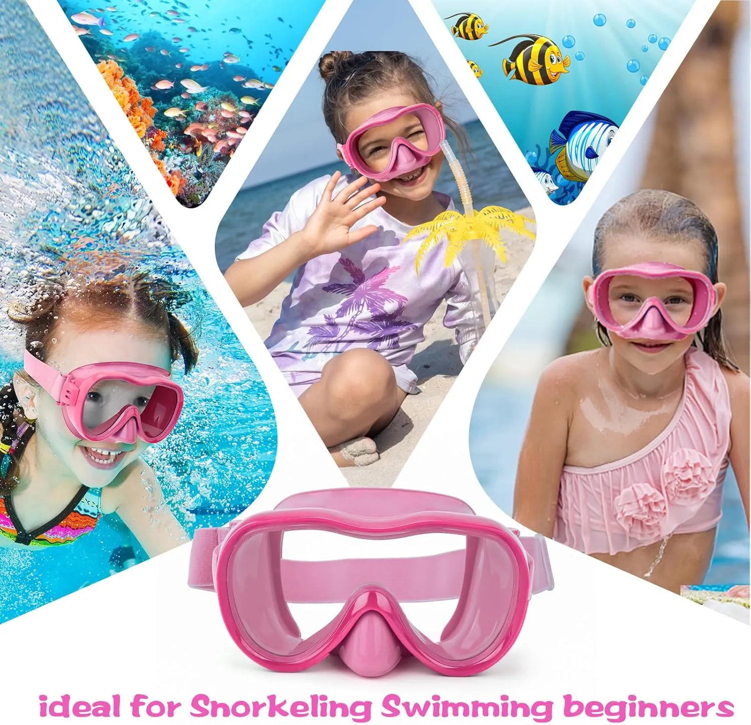 Kids Swim Goggles 180 Snorkel Diving Mask with Nose Cover, Anti-Fog Kids Swimming Goggles with Elastic Fabric Strap for Kids Boys Girls