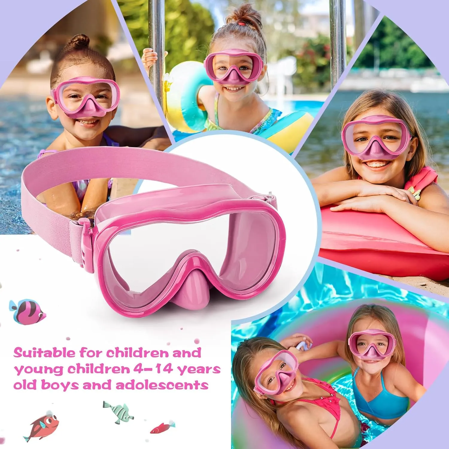 Kids Swim Goggles 180 Snorkel Diving Mask with Nose Cover, Anti-Fog Kids Swimming Goggles with Elastic Fabric Strap for Kids Boys Girls