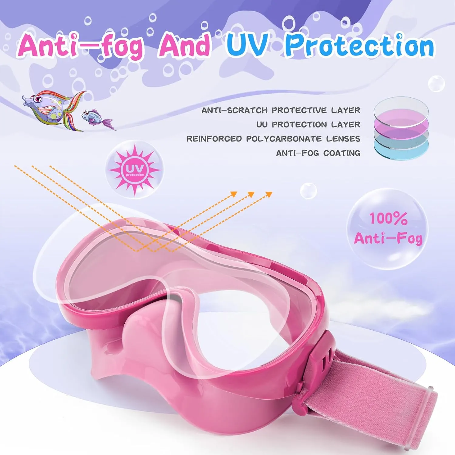 Kids Swim Goggles 180 Snorkel Diving Mask with Nose Cover, Anti-Fog Kids Swimming Goggles with Elastic Fabric Strap for Kids Boys Girls