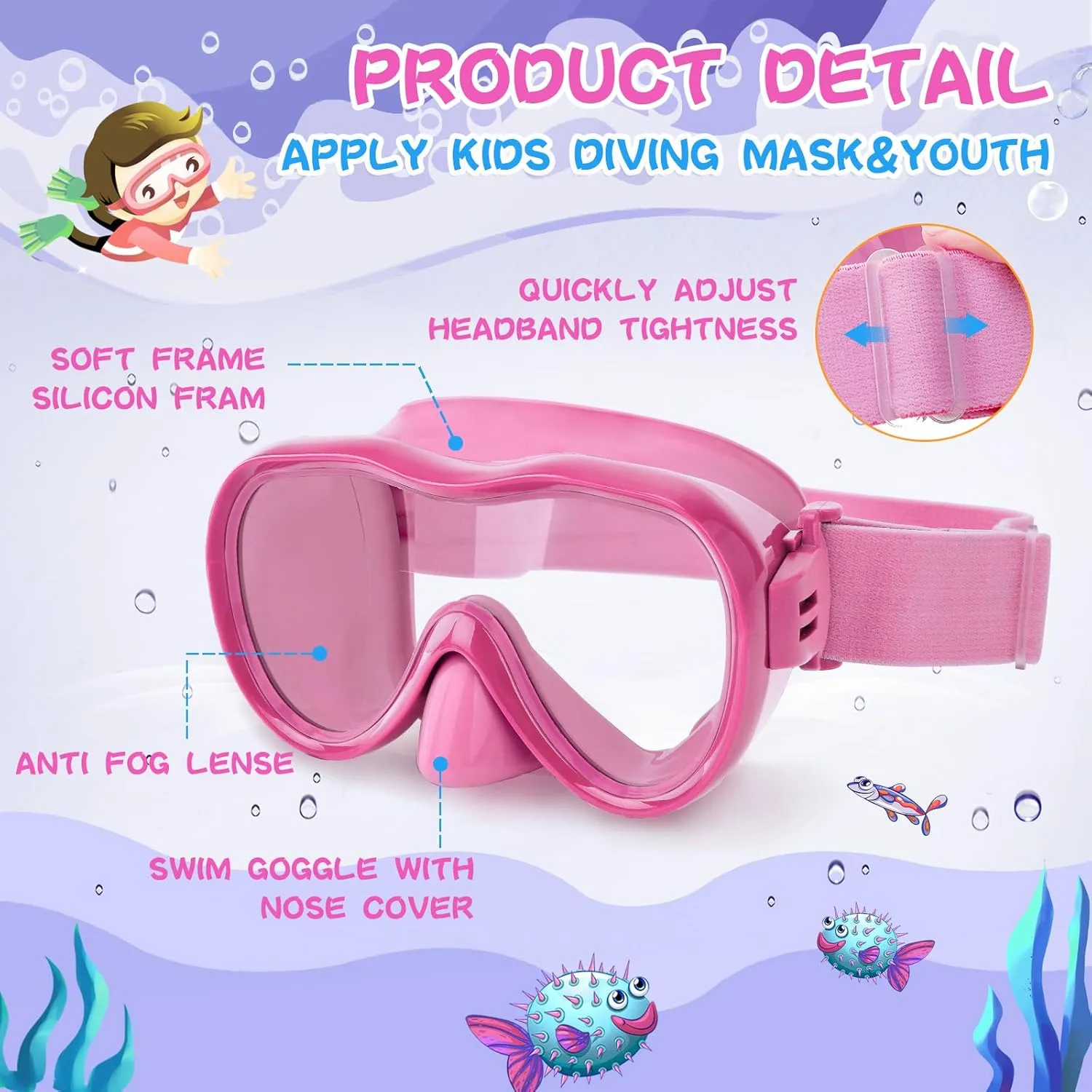 Kids Swim Goggles 180 Snorkel Diving Mask with Nose Cover, Anti-Fog Kids Swimming Goggles with Elastic Fabric Strap for Kids Boys Girls
