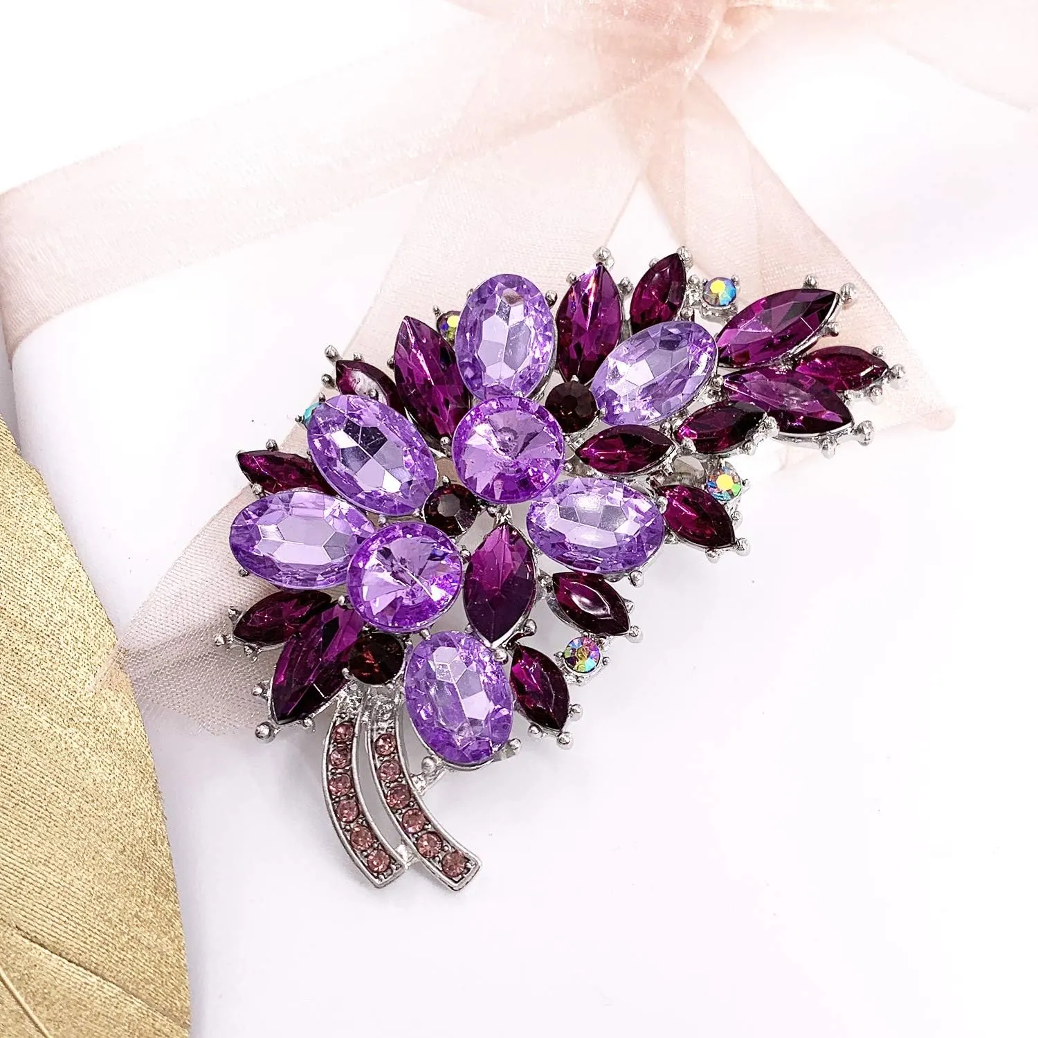 LAXPICOL Vintage Green Austrian Crystal Flower Leaf Bouquet Clusters Large Big Brooch Pin for Women Gold Tone