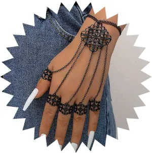 Layered Chain Tassel Finger Bracelet Black Chain Rings Bracelet Vintage Filigree Slave Bracelet Multilayer Chain Finger Hand Chain Hollow Hand Harness Jewelry