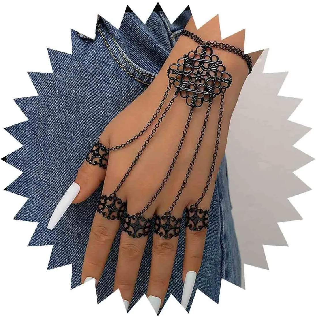 Layered Chain Tassel Finger Bracelet Black Chain Rings Bracelet Vintage Filigree Slave Bracelet Multilayer Chain Finger Hand Chain Hollow Hand Harness Jewelry