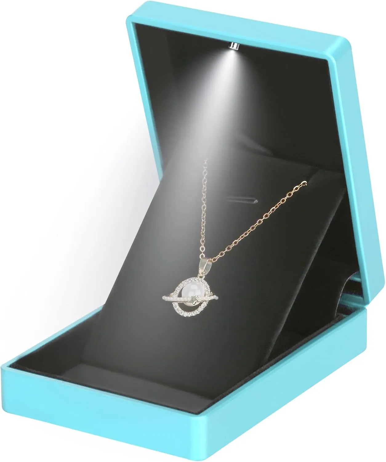 LED Light Pendant Necklace Gift Box, Velvet Jewelry Storage Display Case for Proposal Engagement Wedding Anniversary Birthday Valentine's Day (Blue Style 2)