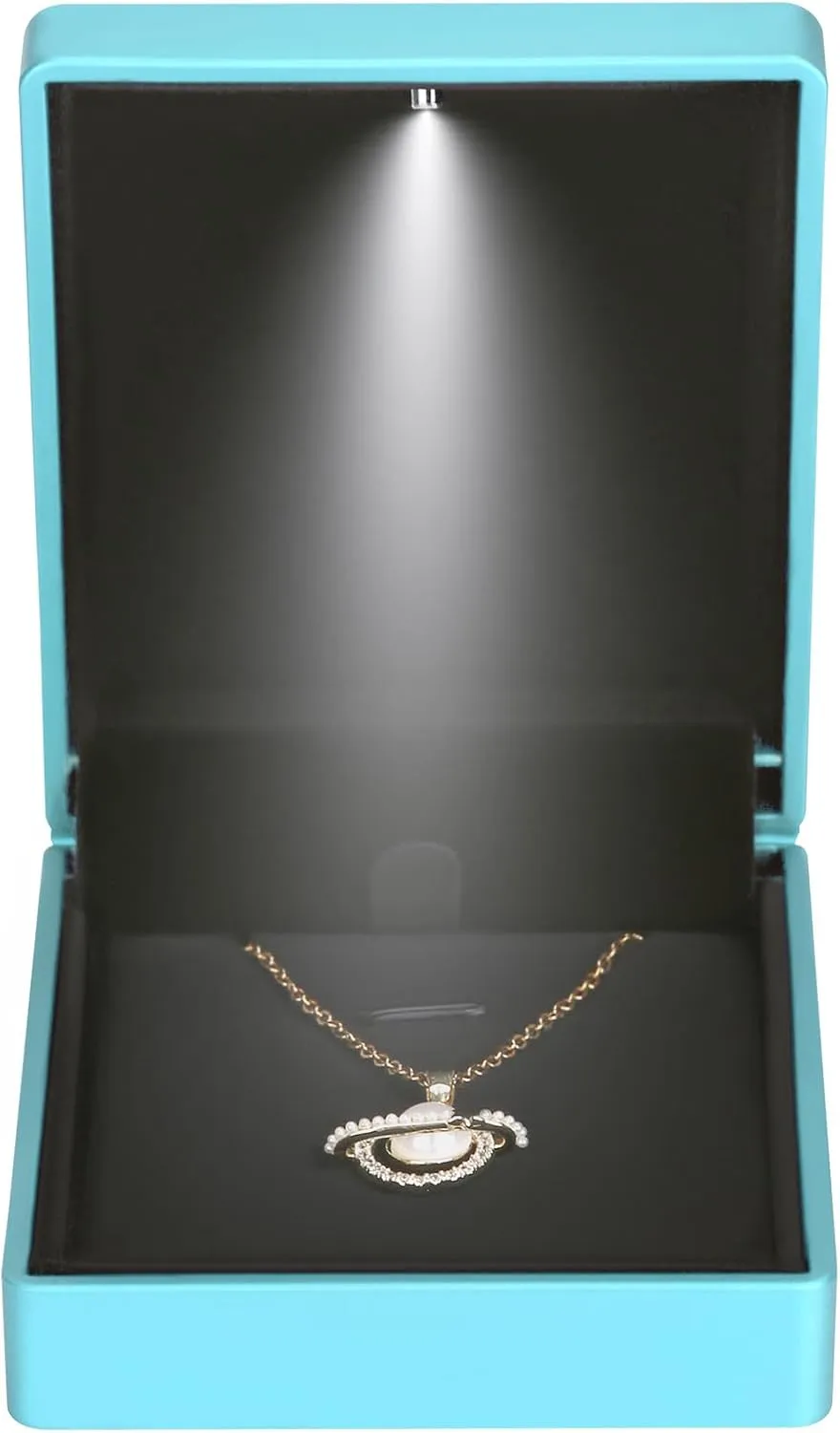 LED Light Pendant Necklace Gift Box, Velvet Jewelry Storage Display Case for Proposal Engagement Wedding Anniversary Birthday Valentine's Day (Blue Style 2)
