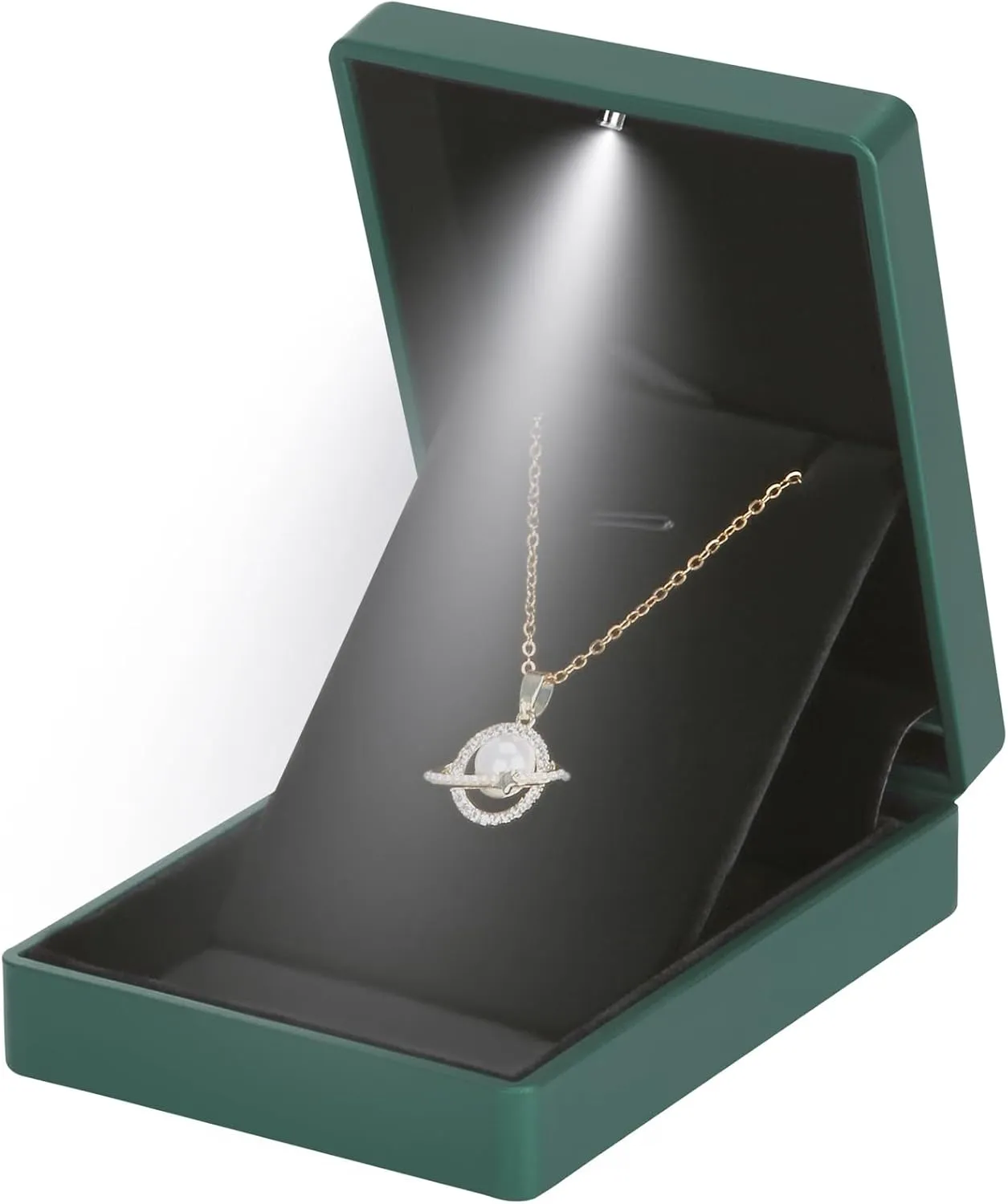 LED Light Pendant Necklace Gift Box, Velvet Jewelry Storage Display Case for Proposal Engagement Wedding Anniversary Birthday Valentine's Day (Green)