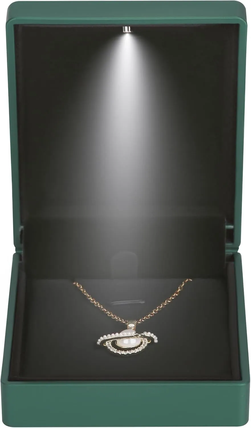 LED Light Pendant Necklace Gift Box, Velvet Jewelry Storage Display Case for Proposal Engagement Wedding Anniversary Birthday Valentine's Day (Green)