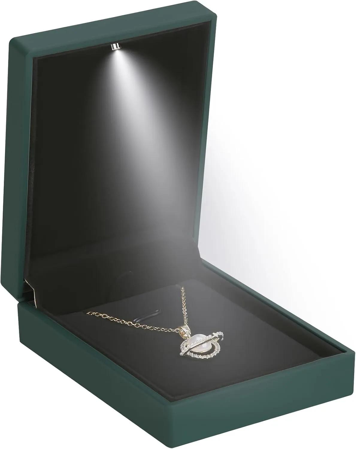 LED Light Pendant Necklace Gift Box, Velvet Jewelry Storage Display Case for Proposal Engagement Wedding Anniversary Birthday Valentine's Day (Green)