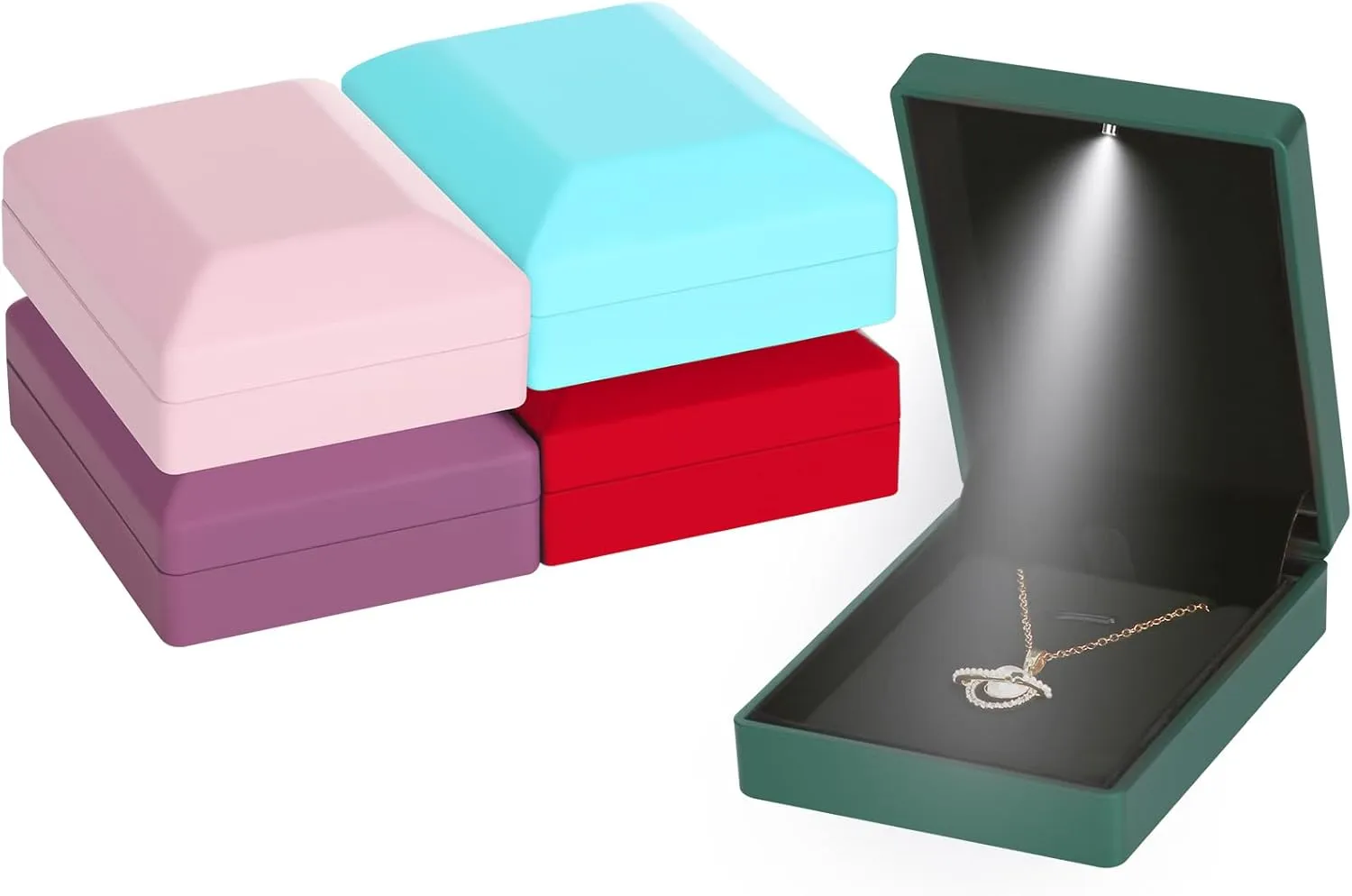 LED Light Pendant Necklace Gift Box, Velvet Jewelry Storage Display Case for Proposal Engagement Wedding Anniversary Birthday Valentine's Day (Green)