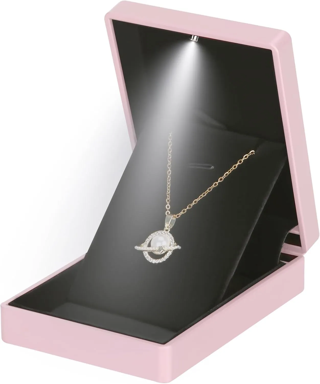 LED Light Pendant Necklace Gift Box, Velvet Jewelry Storage Display Case for Proposal Engagement Wedding Anniversary Birthday Valentine's Day (Pink)