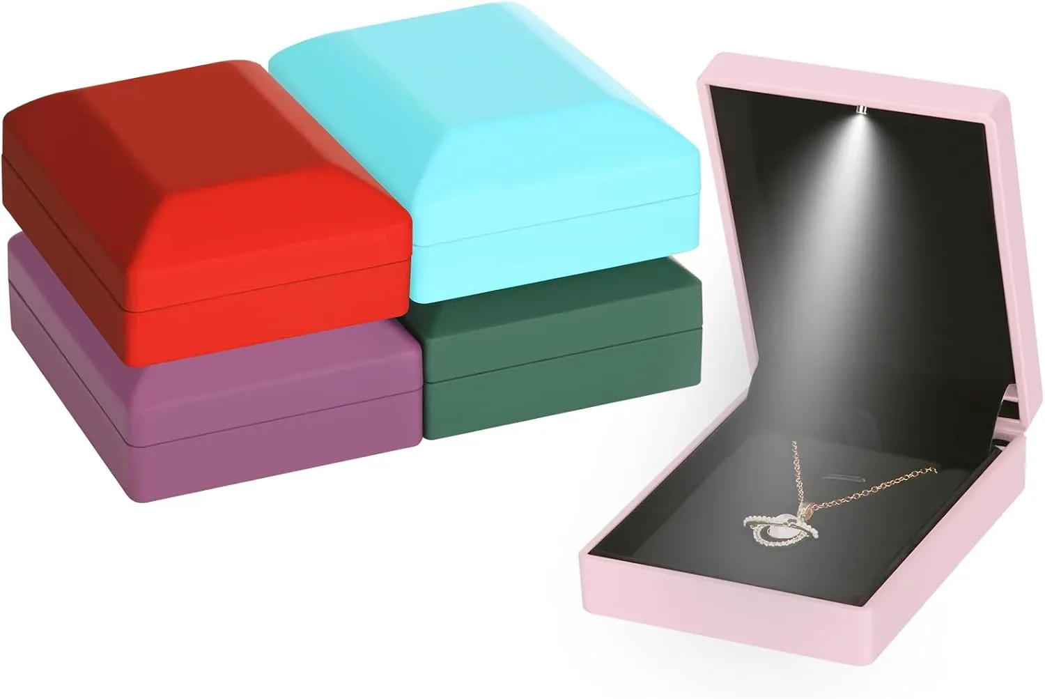 LED Light Pendant Necklace Gift Box, Velvet Jewelry Storage Display Case for Proposal Engagement Wedding Anniversary Birthday Valentine's Day (Pink)