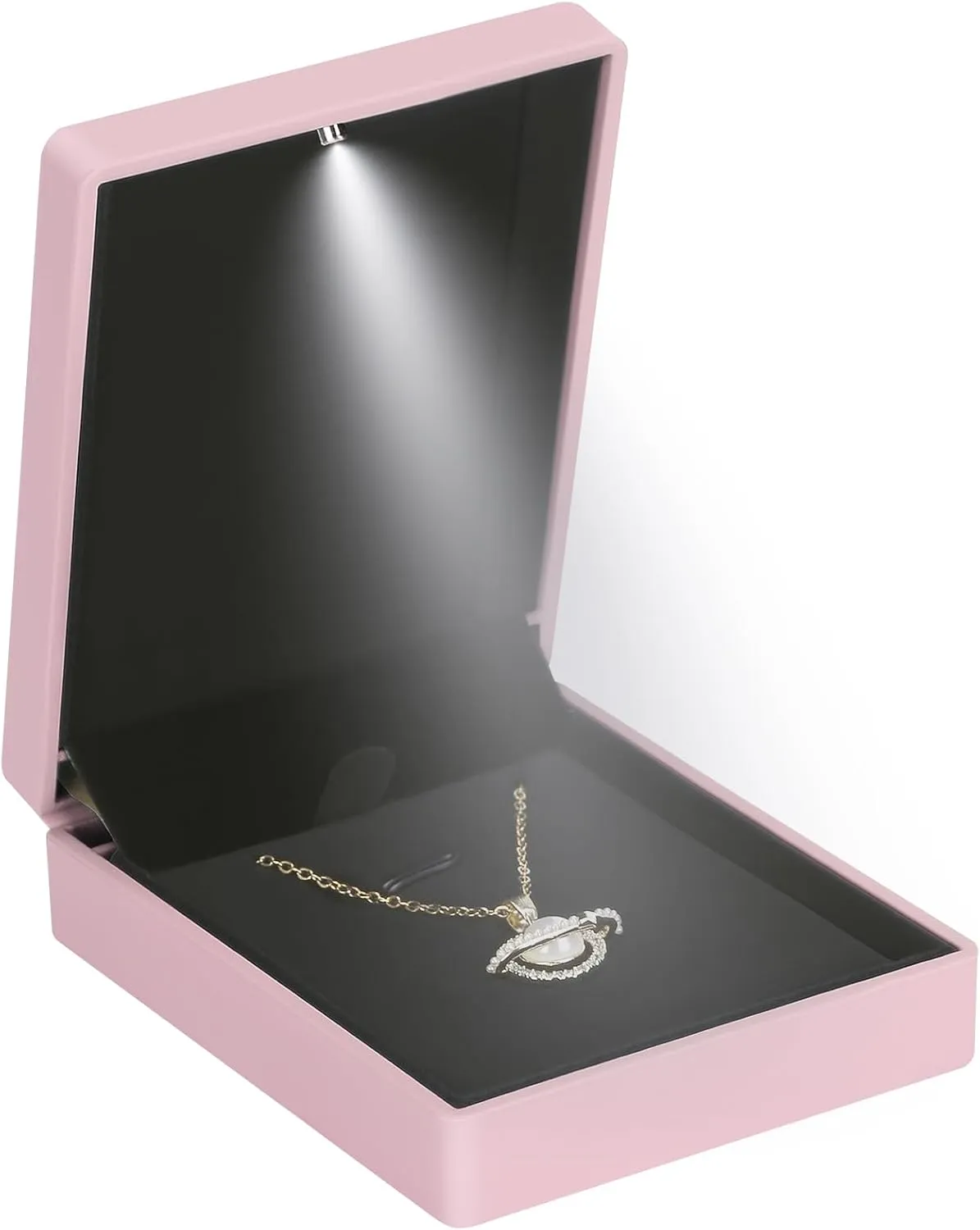 LED Light Pendant Necklace Gift Box, Velvet Jewelry Storage Display Case for Proposal Engagement Wedding Anniversary Birthday Valentine's Day (Pink)