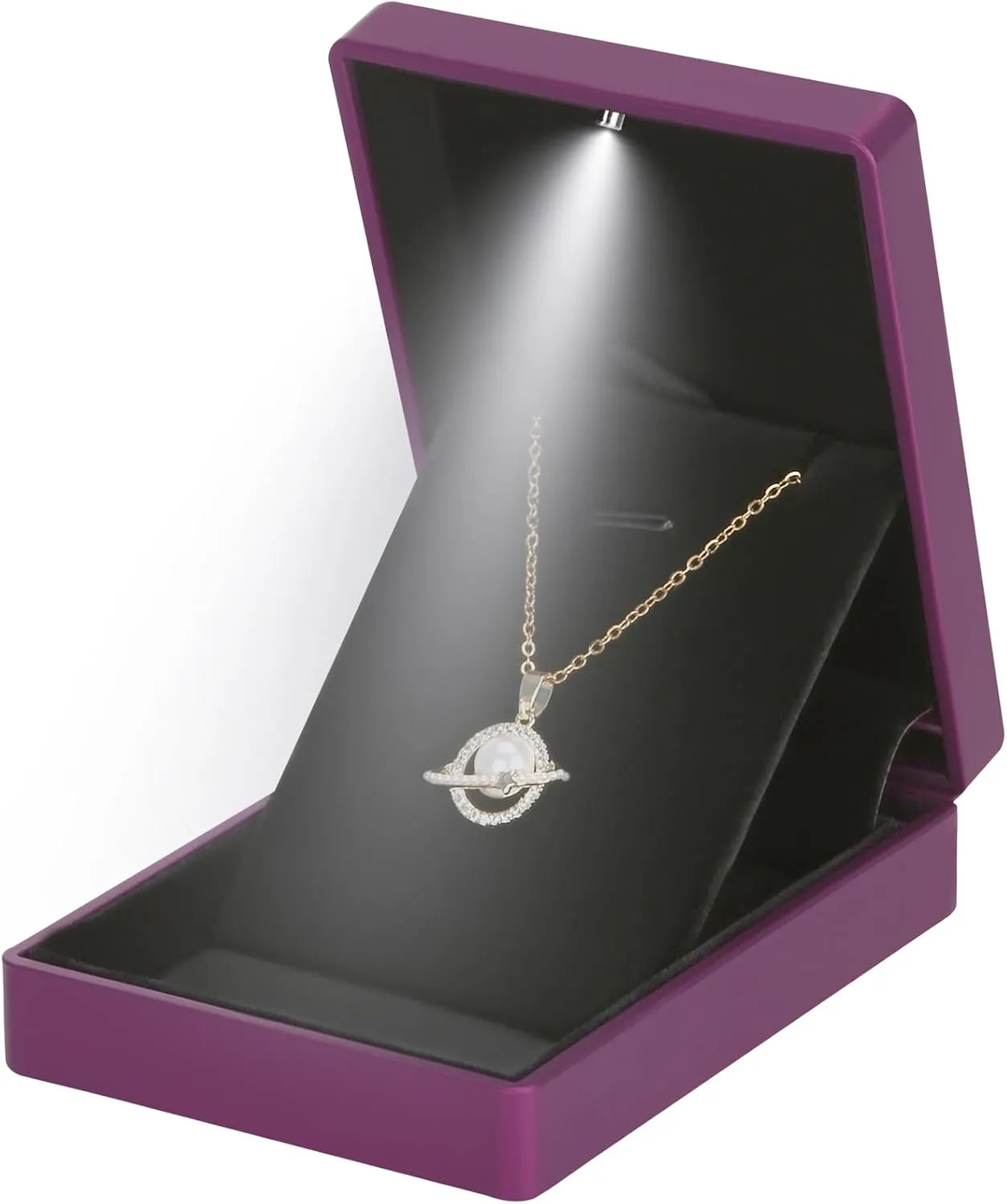 LED Light Pendant Necklace Gift Box, Velvet Jewelry Storage Display Case for Proposal Engagement Wedding Anniversary Birthday Valentine's Day (Purple)