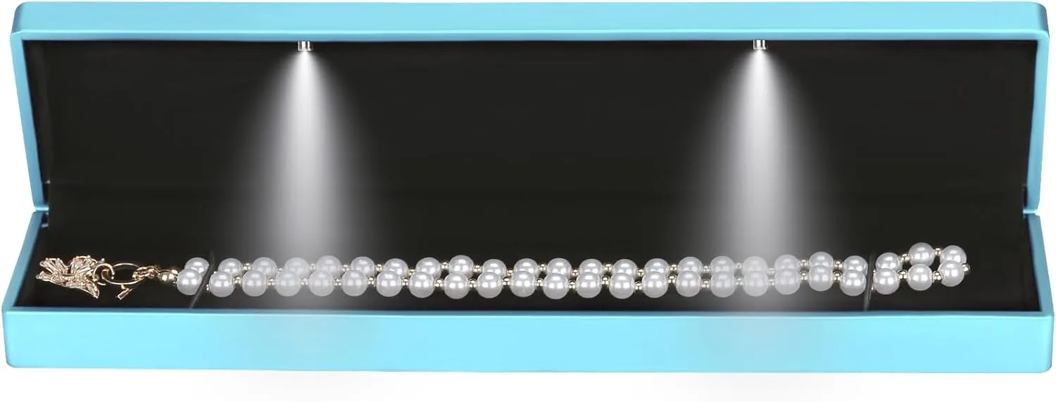 Long Chain Necklace Jewelry Gift Box Case with LED Light, Elegant Velvet Necklace Pendant Bracelet Box for Jewelry Display Wedding Engagment Valentine's Day (Daphne Blue)